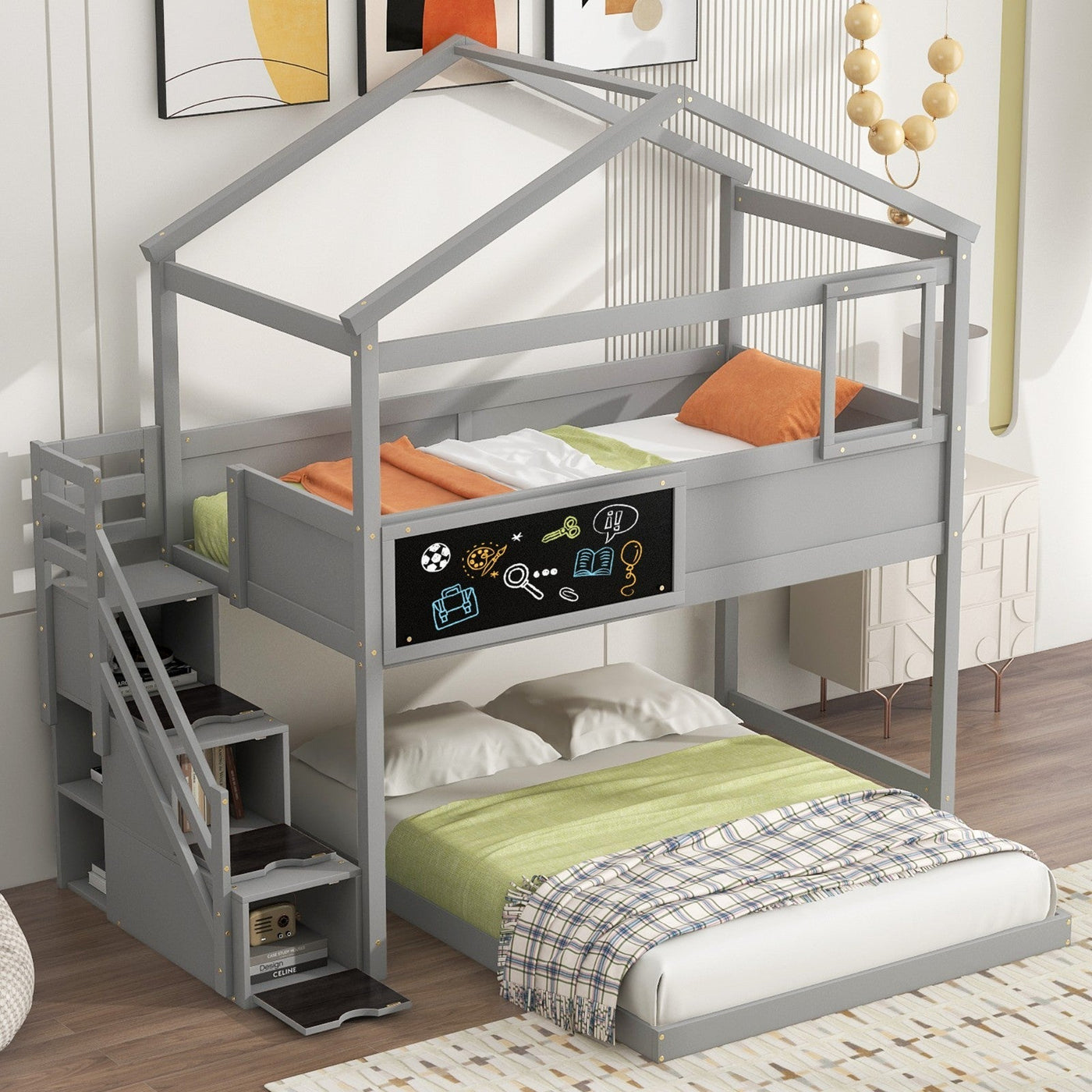 Twin Over Full Bunk Bed With Storage Staircase And Blackboard