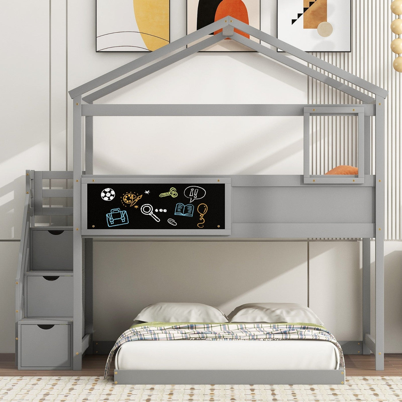 Twin Over Full Bunk Bed With Storage Staircase And Blackboard