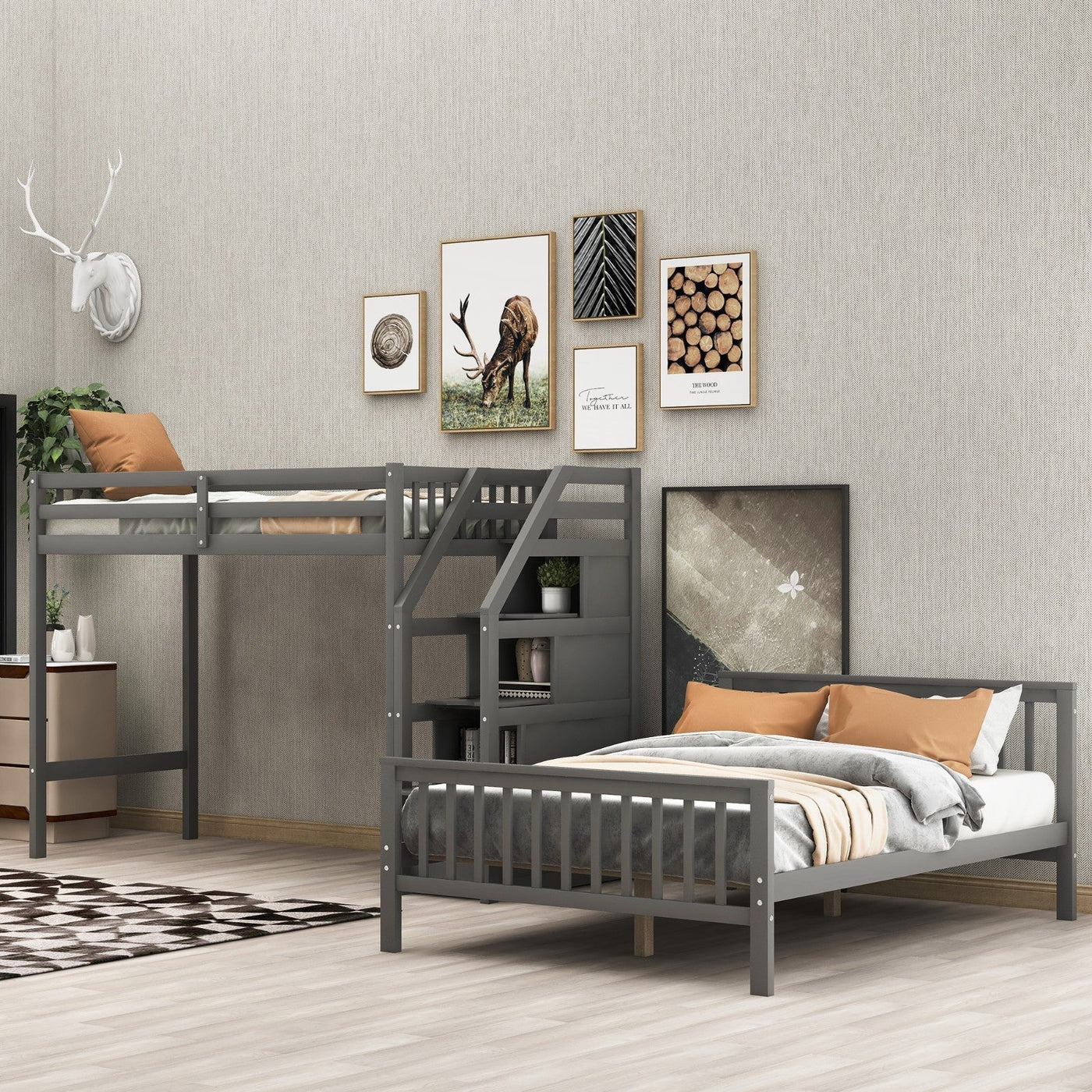 Twin Over Full Loft Bed With Safe Storage Staircase