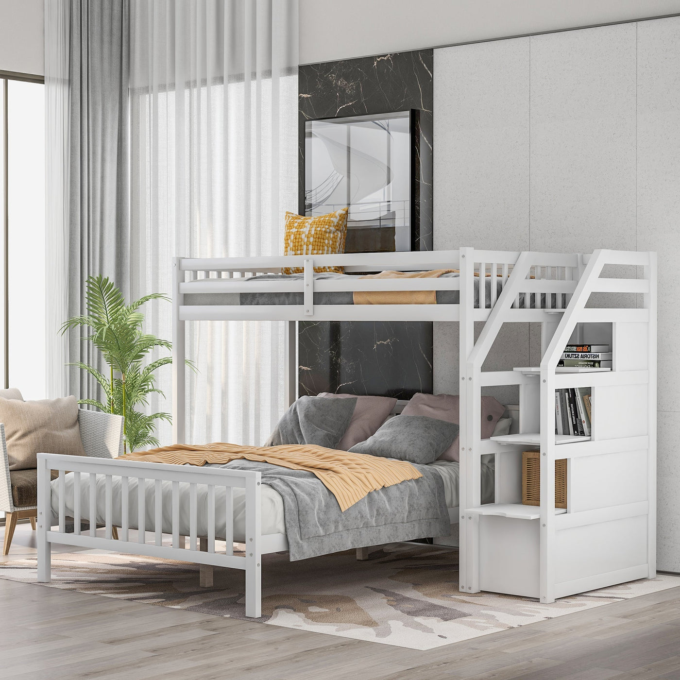 Twin Over Full Loft Bed With Safe Storage Staircase