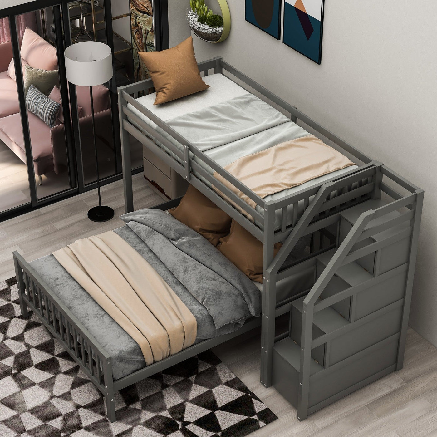 Twin Over Full Loft Bed With Safe Storage Staircase