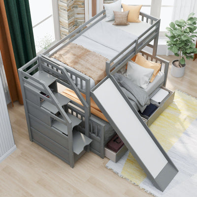 Twin Over Full Multifunction Bunk Bed With Storage Drawers And Slide