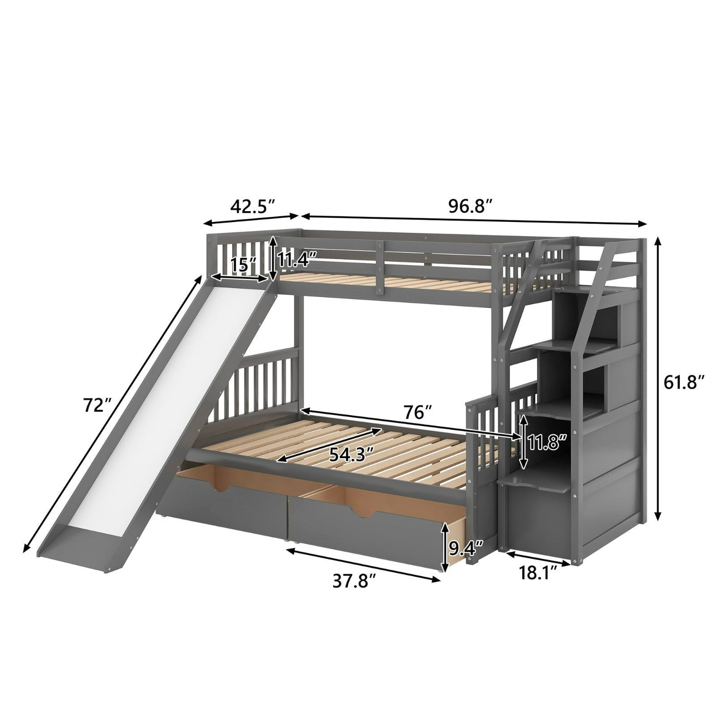 Twin Over Full Multifunction Bunk Bed With Storage Drawers And Slide