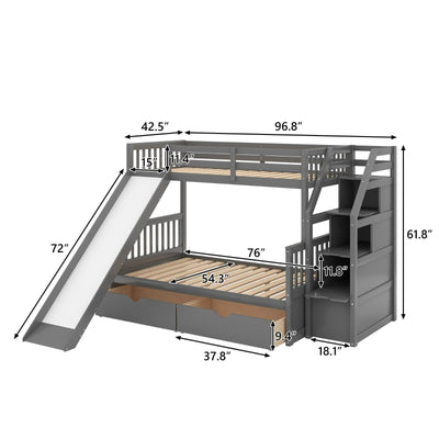 Twin Over Full Multifunction Bunk Bed With Storage Drawers And Slide