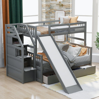 Twin Over Full Multifunction Bunk Bed With Storage Drawers And Slide