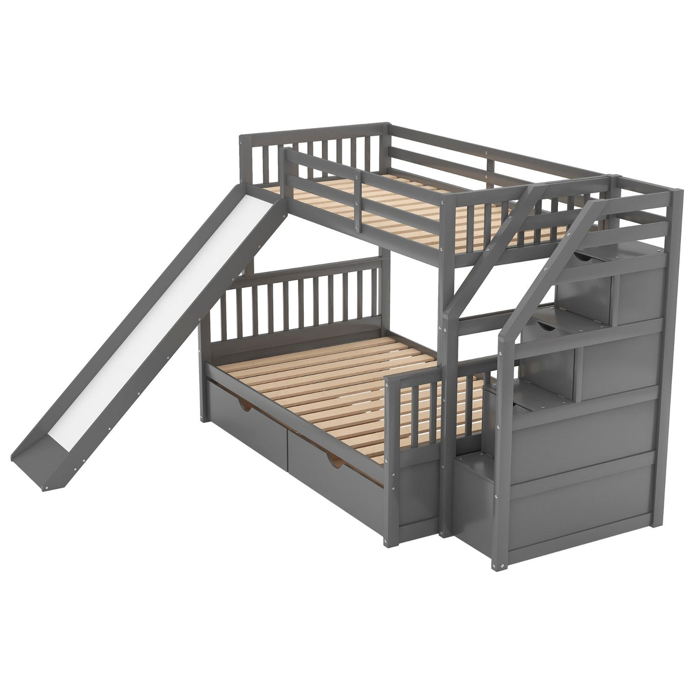 Twin Over Full Multifunction Bunk Bed With Storage Drawers And Slide