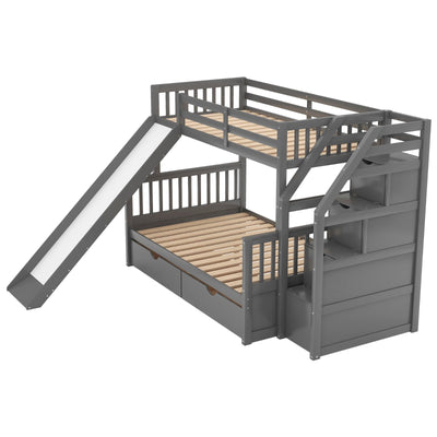 Twin Over Full Multifunction Bunk Bed With Storage Drawers And Slide