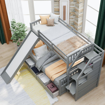 Twin Over Full Multifunction Bunk Bed With Storage Drawers And Slide