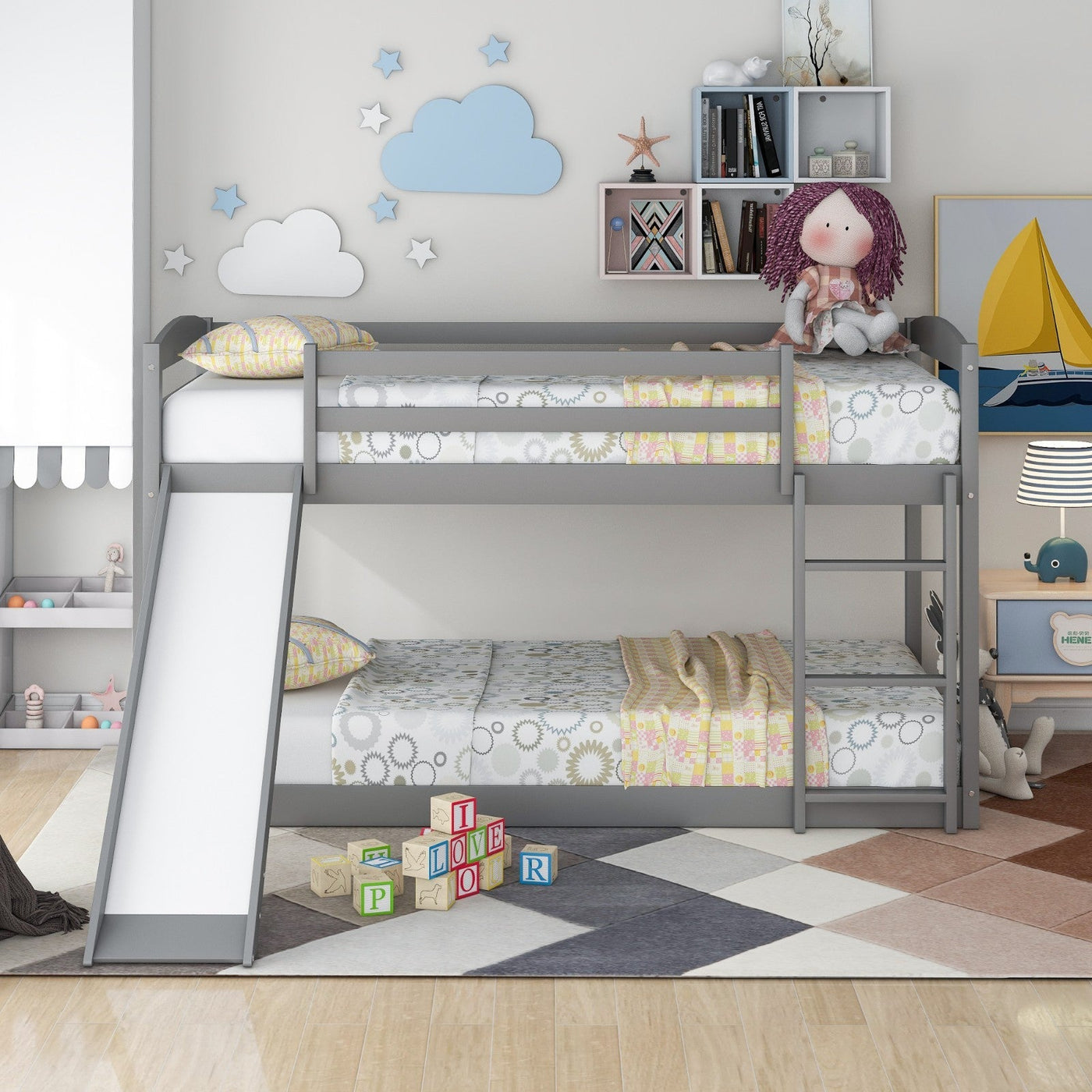 Twin Bunk Bed With Slide And Ladder For Kids Room