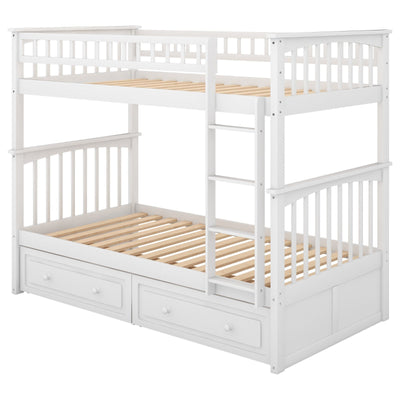 Twin Over Twin Bunk Bed With Storage Drawers And Convertible Design