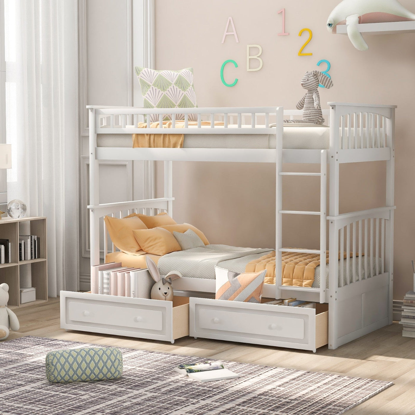 Twin Over Twin Bunk Bed With Storage Drawers And Convertible Design