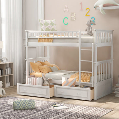 Twin Over Twin Bunk Bed With Storage Drawers And Convertible Design