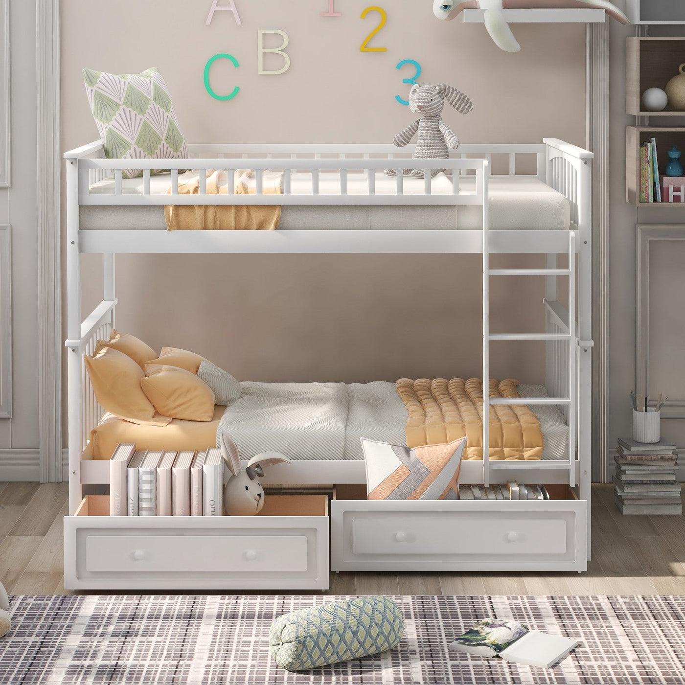 Twin Over Twin Bunk Bed With Storage Drawers And Convertible Design