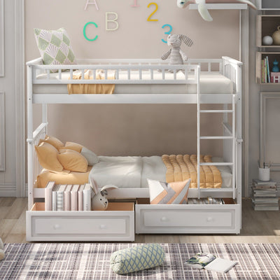 Twin Over Twin Bunk Bed With Storage Drawers And Convertible Design