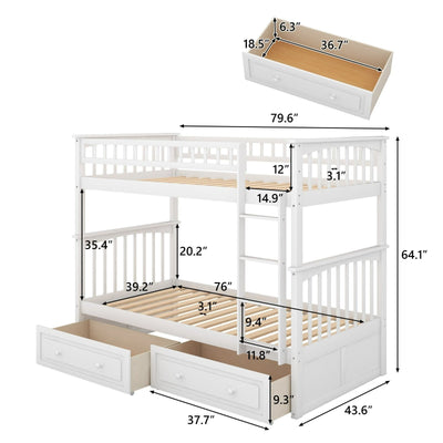 Twin Over Twin Bunk Bed With Storage Drawers And Convertible Design