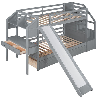 Twin Over Twin Bunk Bed With Storage Staircase Slide Desk Drawers