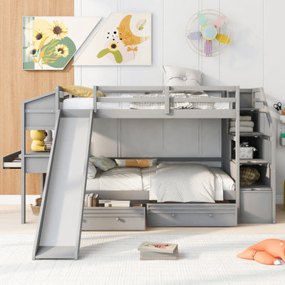 Twin Over Twin Bunk Bed With Storage Staircase Slide Desk Drawers
