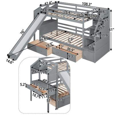 Twin Over Twin Bunk Bed With Storage Staircase Slide Desk Drawers