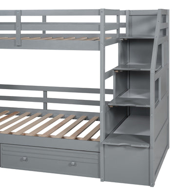 Twin Over Twin Bunk Bed With Storage Staircase Slide Desk Drawers