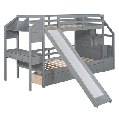Twin Over Twin Bunk Bed With Storage Staircase Slide Desk Drawers