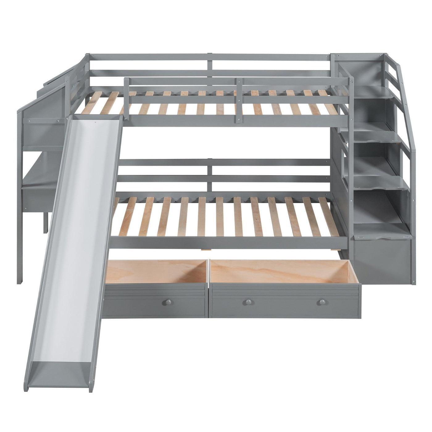 Twin Over Twin Bunk Bed With Storage Staircase Slide Desk Drawers