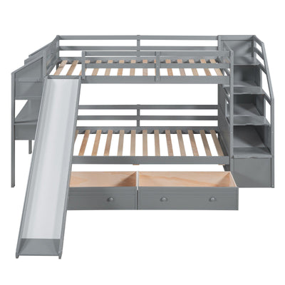 Twin Over Twin Bunk Bed With Storage Staircase Slide Desk Drawers