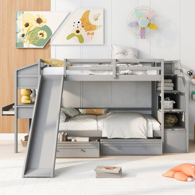 Twin Over Twin Bunk Bed With Storage Staircase Slide Desk Drawers
