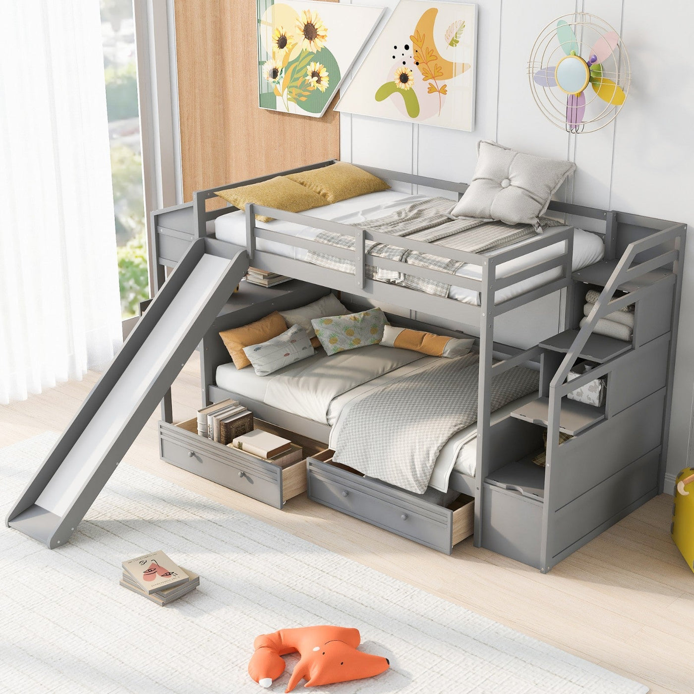 Twin Over Twin Bunk Bed With Storage Staircase Slide Desk Drawers