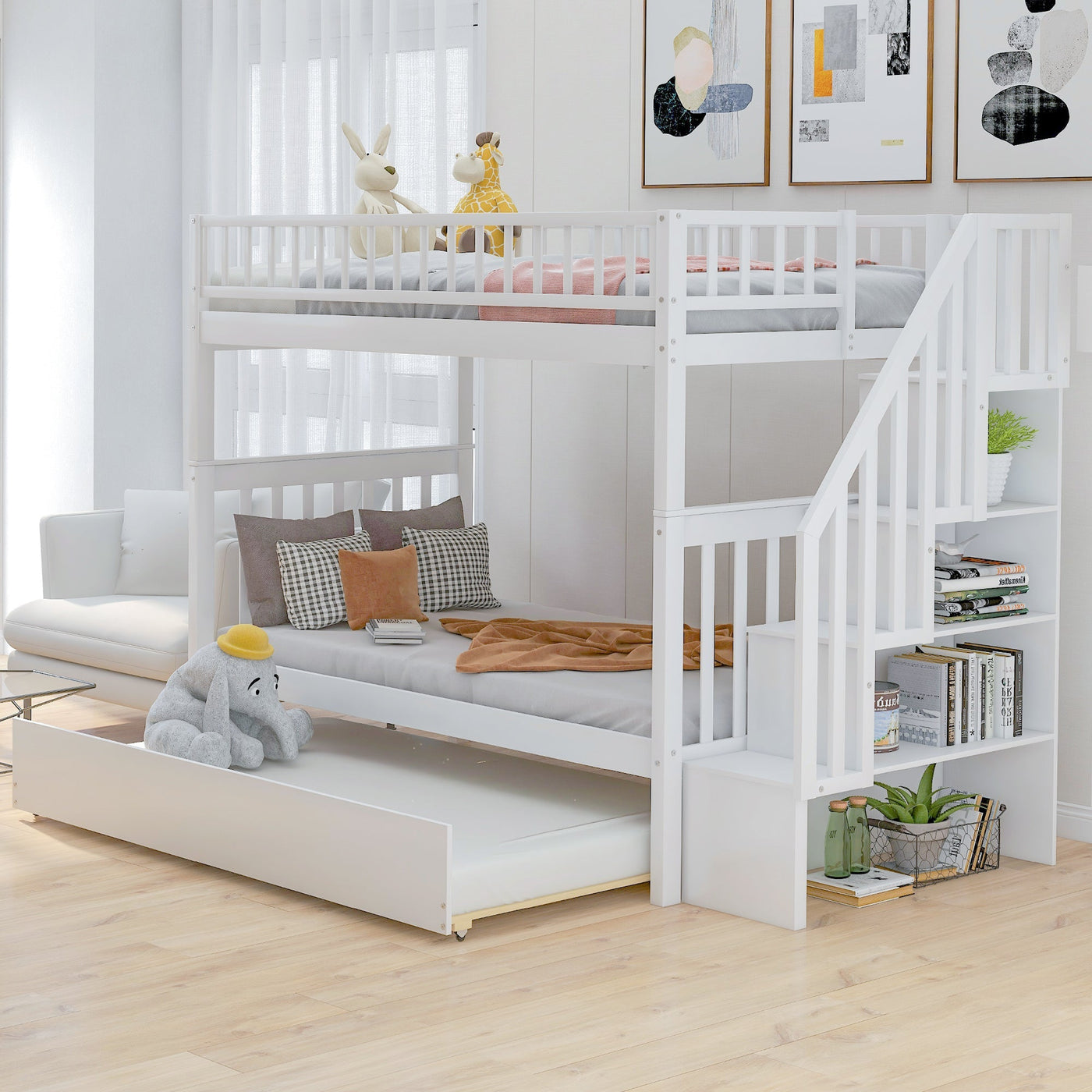 Twin Over Twin Bunk Bed With Trundle And Storage Drawers
