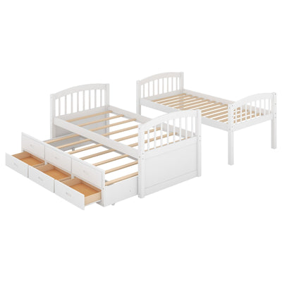 Twin Over Twin Wood Bunk Bed With Trundle And Storage Drawers