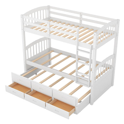 Twin Over Twin Wood Bunk Bed With Trundle And Storage Drawers