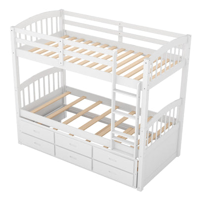 Twin Over Twin Wood Bunk Bed With Trundle And Storage Drawers