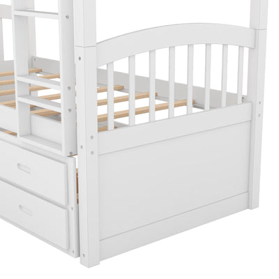 Twin Over Twin Wood Bunk Bed With Trundle And Storage Drawers