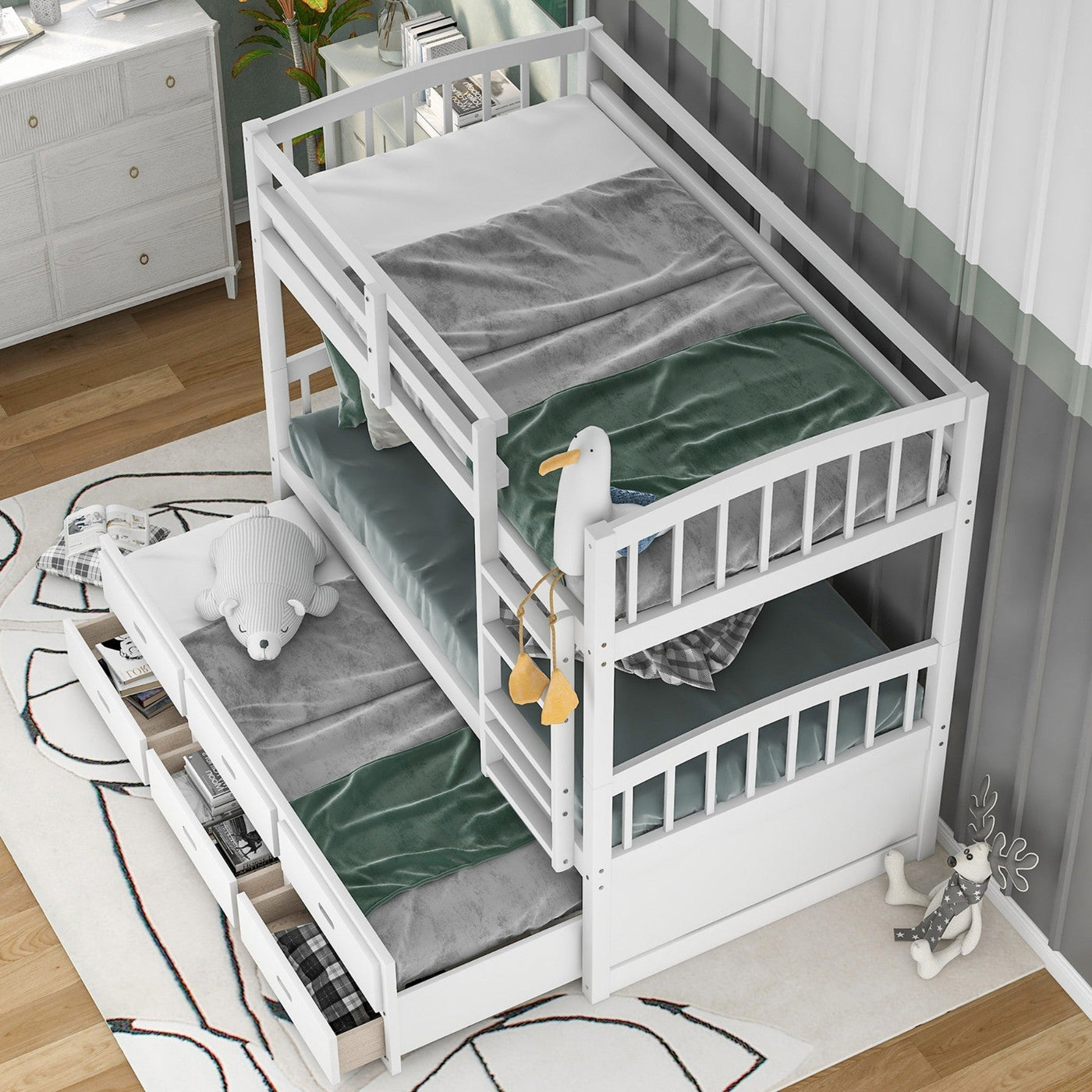 Twin Over Twin Wood Bunk Bed With Trundle And Storage Drawers