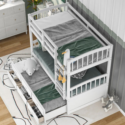 Twin Over Twin Wood Bunk Bed With Trundle And Storage Drawers