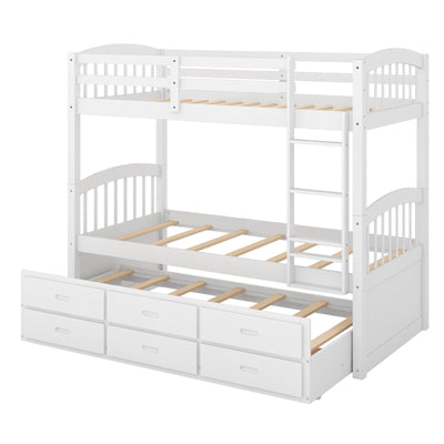 Twin Over Twin Wood Bunk Bed With Trundle And Storage Drawers