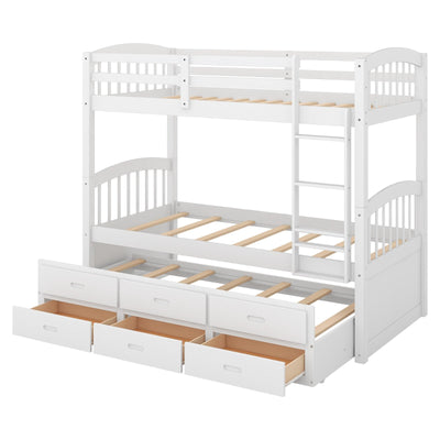 Twin Over Twin Wood Bunk Bed With Trundle And Storage Drawers