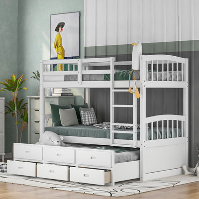 Twin Over Twin Wood Bunk Bed With Trundle And Storage Drawers