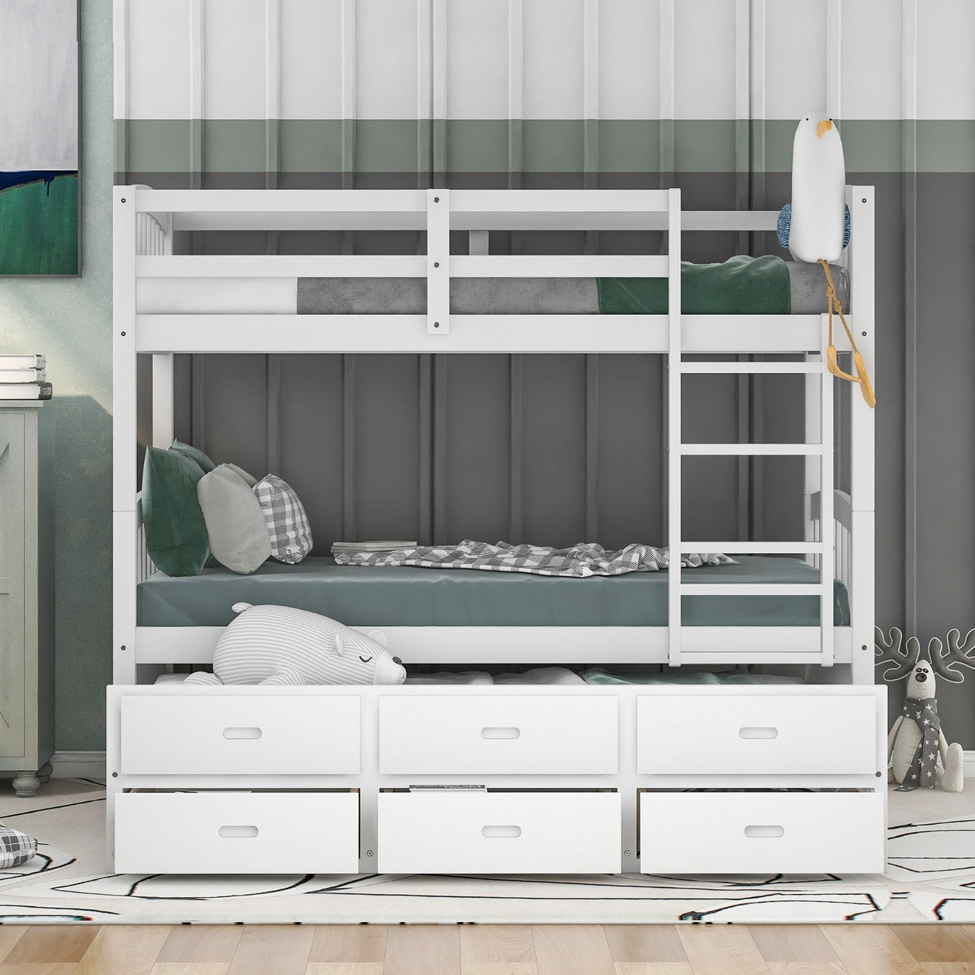 Twin Over Twin Wood Bunk Bed With Trundle And Storage Drawers