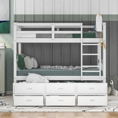 Twin Over Twin Wood Bunk Bed With Trundle And Storage Drawers