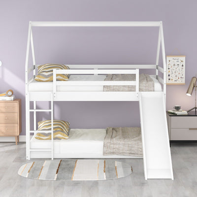 Twin Size Bunk Bed With Slide Ladder For Kids Playroom