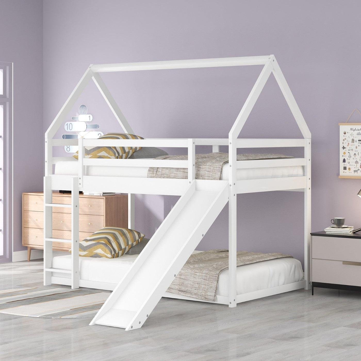 Twin Size Bunk Bed With Slide Ladder For Kids Playroom