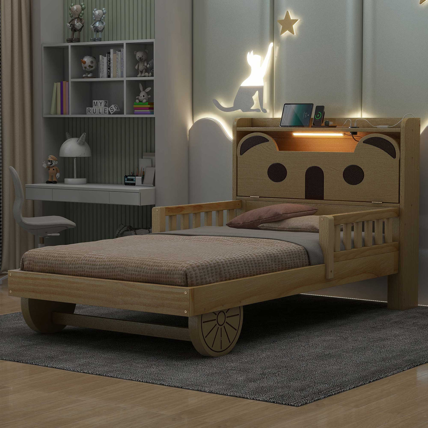 Twin Size Car Bed With Bear Headboard USB And LED Lights