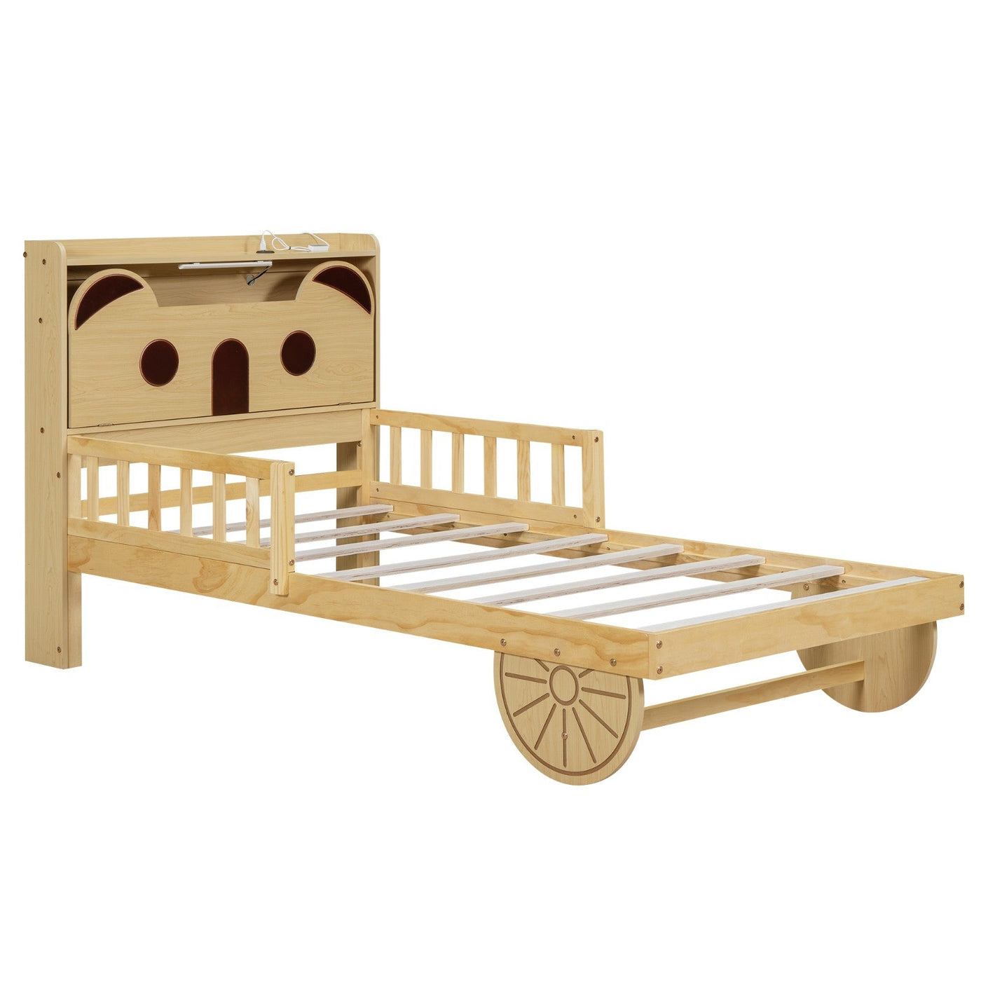Twin Size Car Bed With Bear Headboard USB And LED Lights