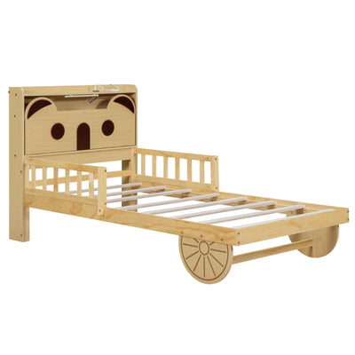 Twin Size Car Bed With Bear Headboard USB And LED Lights