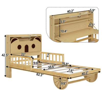 Twin Size Car Bed With Bear Headboard USB And LED Lights
