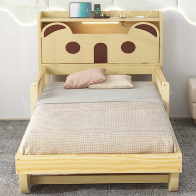 Twin Size Car Bed With Bear Headboard USB And LED Lights