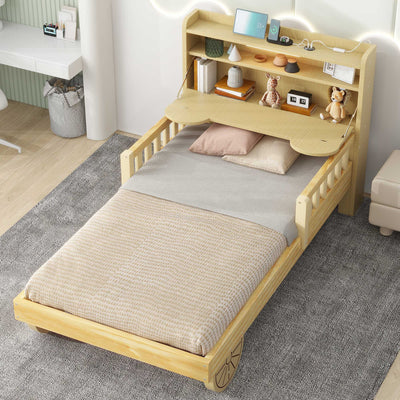 Twin Size Car Bed With Bear Headboard USB And LED Lights