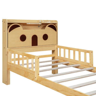 Twin Size Car Bed With Bear Headboard USB And LED Lights