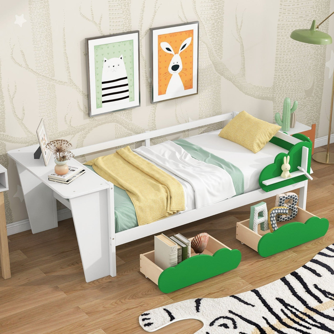 Twin Size Daybed With Desk Green Leaf Drawers And Shelves